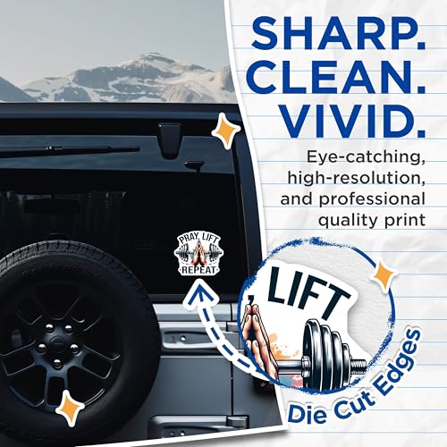 (2 Pack) Pray Lift Repeat Stickers - Fitness Motivation - Gym Inspirational Decals - 5" On Longest Side - Sticks to Smooth Flat Surfaces - Made in USA - BMCS9649