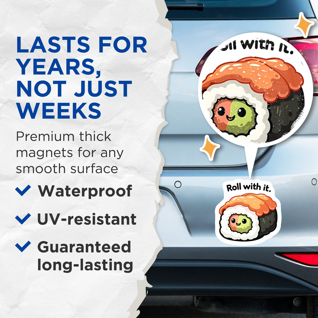 (2 Pack) Cute Sushi Magnets - Roll with It Pun - Kawaii Food Decor - Optimistic Fridge Accessories - Kitchen Home Reminder - 5 Inches On Longest Side - Thick Durable Magnet - Made in USA - MAG38478