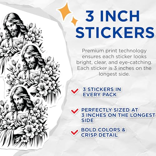 (3 Pack) Jesus Decals - Christ with Flowers - Christian Decals - 3 Inches On Longest Side - Easy Peel & Apply - Made in USA - 3MCS6079