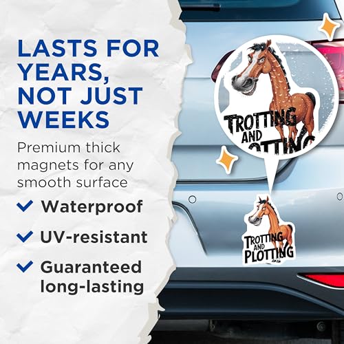 (2 Pack) Funny Horse Magnets - Trotting and Plotting - Horse Humor - Animal Lovers Fridge Magnets - 5" On Longest Side - for Cars, Fridges, Toolboxes - Made in USA - MAG4086