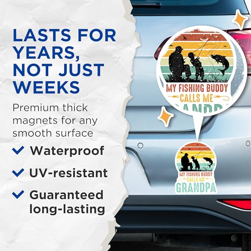 (2 Pack) My Fishing Buddy Calls Me Grandpa Magnets - Retro Fishing Design - Fishing Gifts for Grandpa - Outdoor Magnets - 5" On Longest Side - for Cars, Fridges, Toolboxes - Made in USA - MAG4146