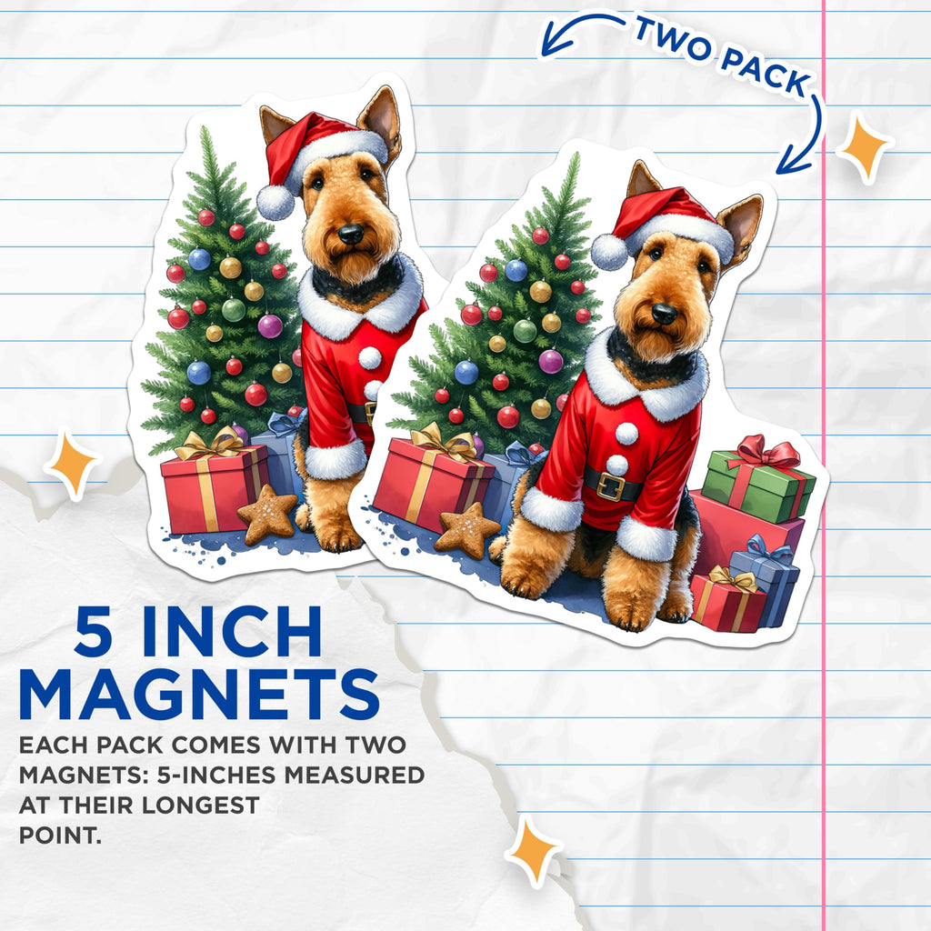 (2 Pack) Airedale Christmas Magnets - Santa Dog Refrigerator Decor - Holiday Pet Owner Present - 5 Inches On Longest Side - Thick Durable Magnet - Made in USA - MAG30522