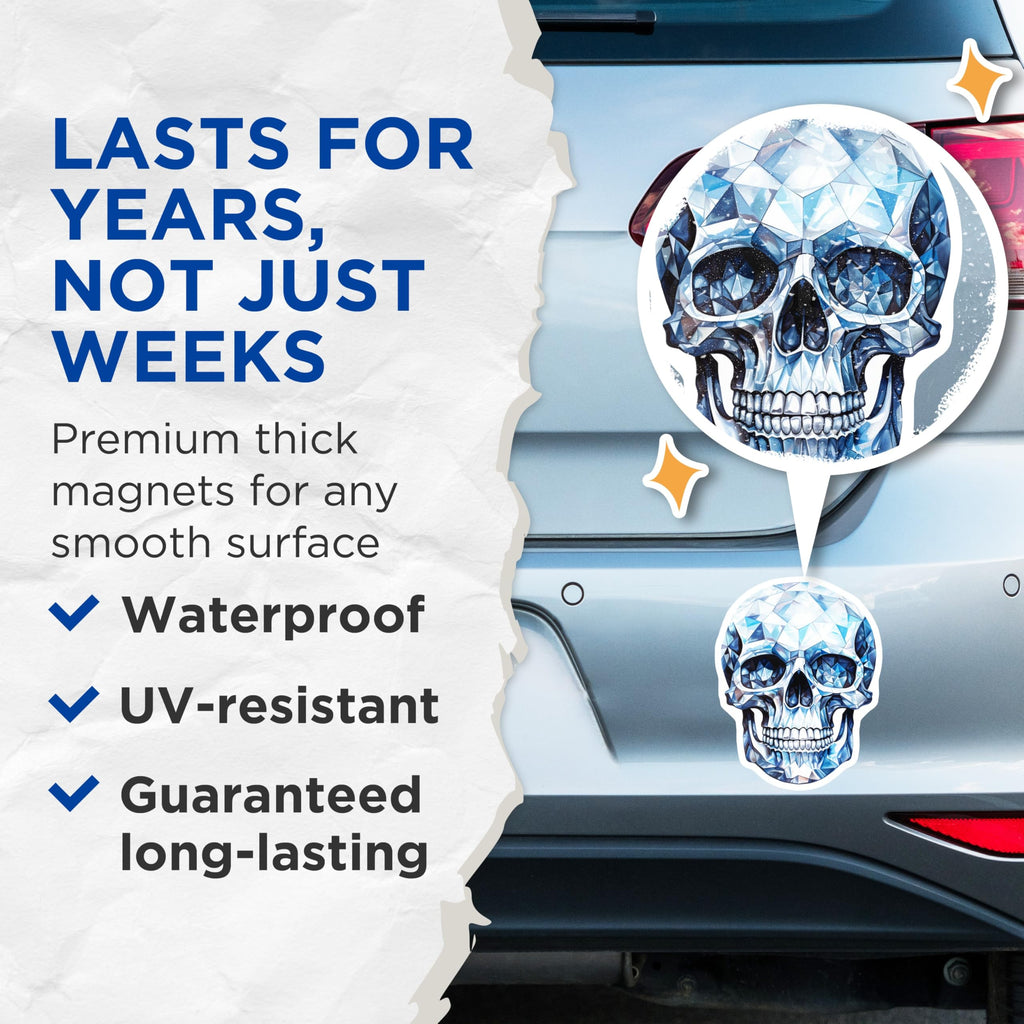 (2 Pack) Sparkling Blue Diamond Skull Magnets - Faceted Crystal Skull Design - Unique Gothic Aesthetic Refrigerator Decor - 5 Inches On Longest Side - Thick Durable Magnet - Made in USA - MAG20360