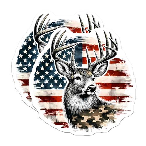 (2 Pack) Patriotic Deer Stickers - American Flag Deer Decal - Hunting Wildlife Sticker - 5" On Longest Side - Sticks to Smooth Flat Surfaces - Made in USA - BMCS9832