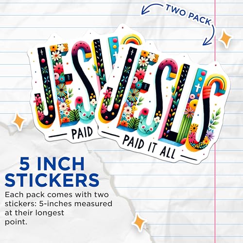 (2 Pack) Jesus Paid It All Stickers - Religious Inspirational Stickers - Faith-Based Encouragement Stickers - 5" On Longest Side - Sticks to Any Smooth Flat Surface - Made in USA - BMCS3118
