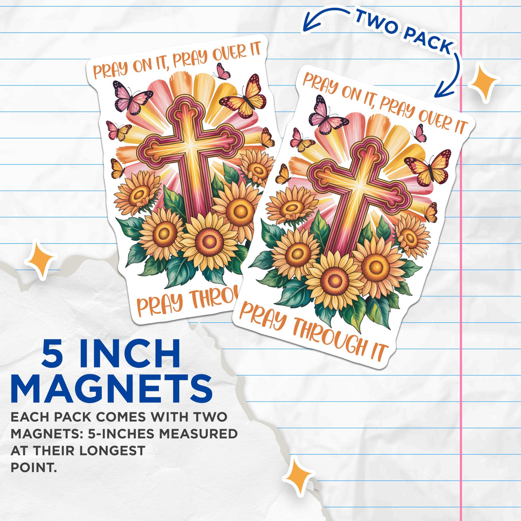 (2 Pack) Religious Cross Magnets - Butterfly Sunflowers Design - Pray On It Pray Through It - 5" On Longest Side - Premium Magnet - for Cars, Refrigerators, Toolboxes, Lockers - Made in USA - MAG14991