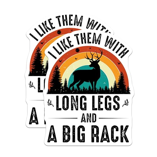 (2 Pack) Funny Deer Hunting Stickers - Outdoorsman - Long Legs and Big Rack - Silhouette Forest Scene - 5" On Longest Side - Sticks to Smooth Flat Surfaces - Made in USA - BMCS5083