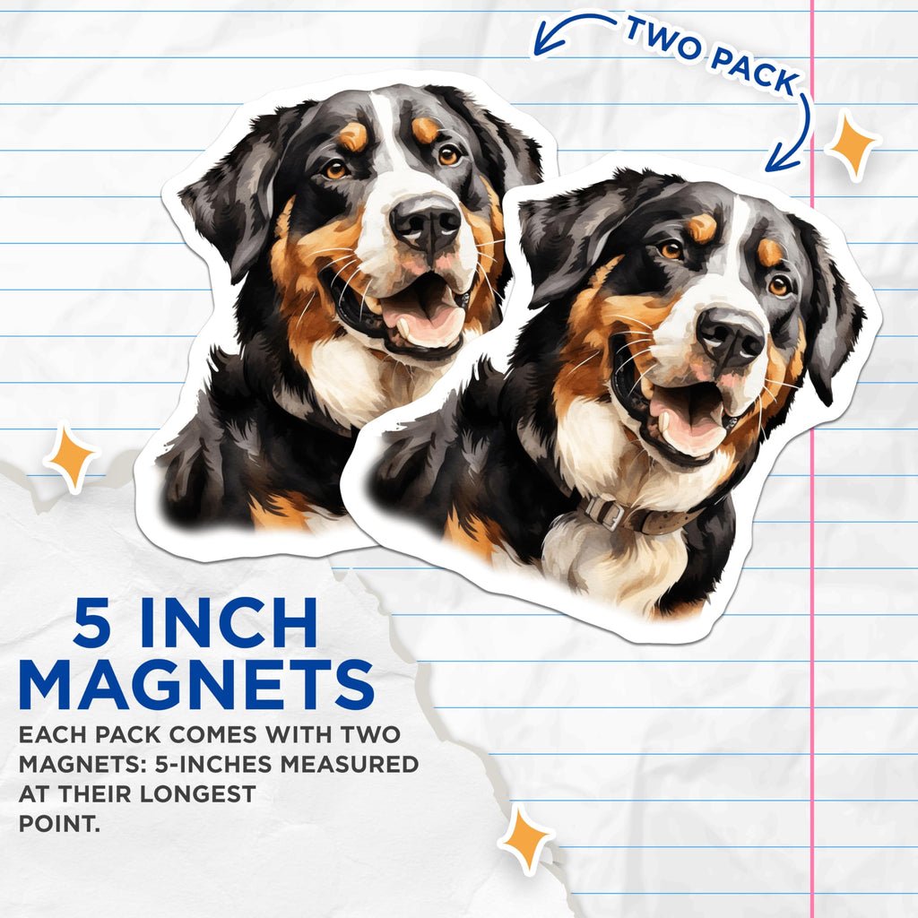 (2 Pack) Bernese Mountain Dog Magnets - Watercolor Dog Art - Dog Mom Dad Fridge Locker Decor - Pet Lover Animal Enthusiast - 5 Inches On Longest Side - Thick Durable Magnet - Made in USA - MAG25104