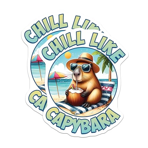 (2 Pack) Chill Like Capybara Stickers - Cute Animal Stickers - Beach Themed Stickers - 5" On Longest Side - Sticks to Smooth Flat Surfaces - Made in USA - BMCS3751