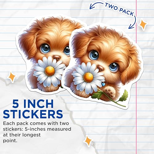 (2 Pack) Cute Puppy Stickers - Adorable Dog Sticker - Animal Lover Decals - 5" On Longest Side - Sticks to Smooth Flat Surfaces - Made in USA - BMCS9395