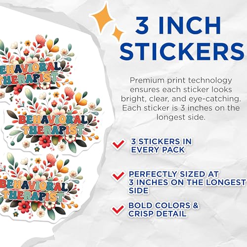 (3 Pack) Behavioral Therapist Decals - Floral Therapist Stickers - Laptop Decals - 3 Inches On Longest Side - Easy Peel & Apply - Made in USA - 3MCS1950