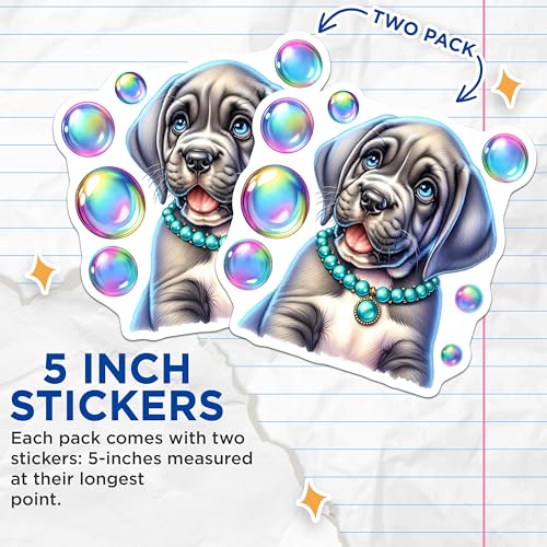 (2 Pack) Cute Puppy Stickers - Adorable Dog Art - Cartoon Animal Sticker - 5" On Longest Side - Sticks to Smooth Flat Surfaces - Made in USA - BMCS9626