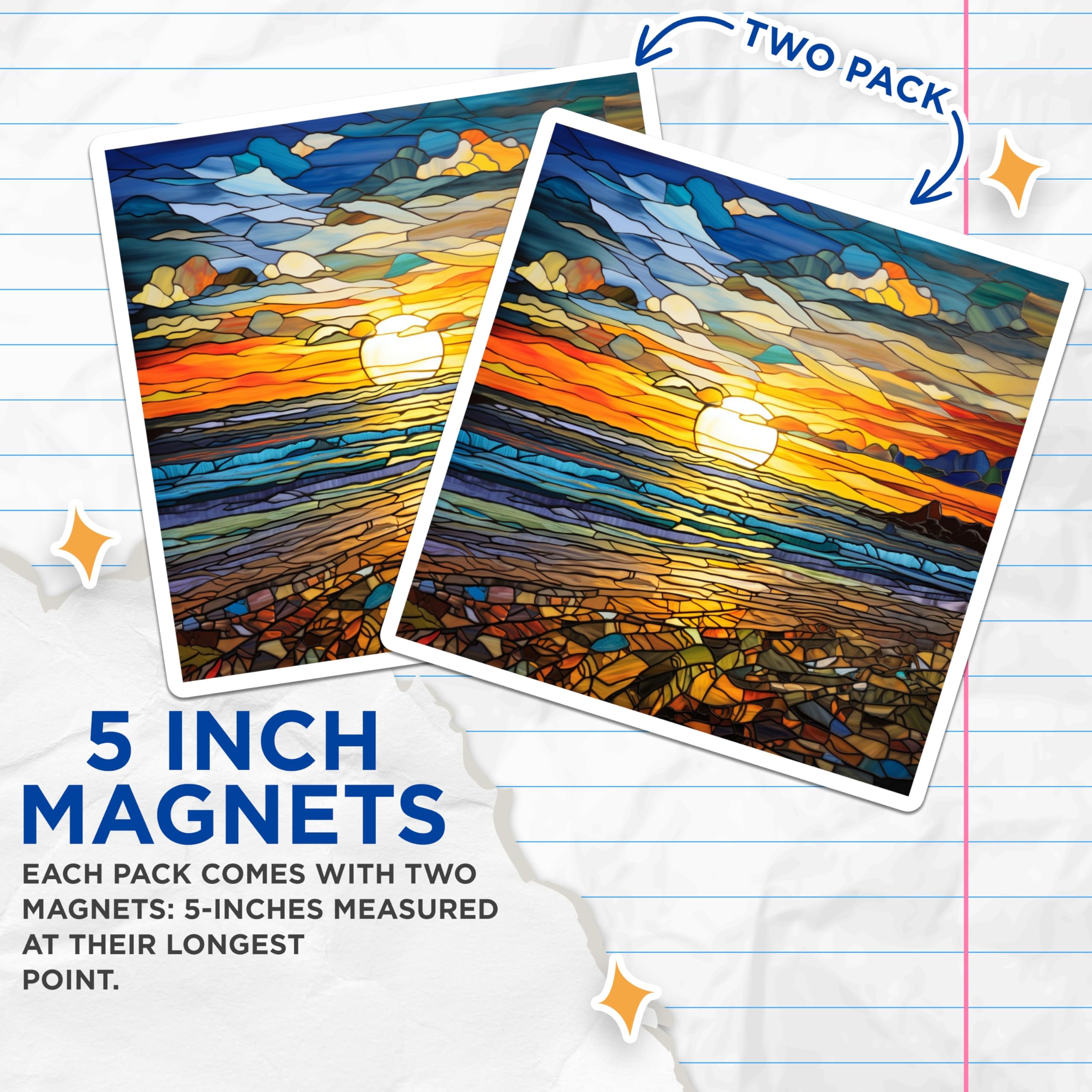 (2 Pack) Stained Glass Sunset Magnets - Ocean Beach Decor - Coastal Scene Art Refrigerator Magnets - 5 Inches On Longest Side - Thick Durable Magnet - Made in USA - MAG27276