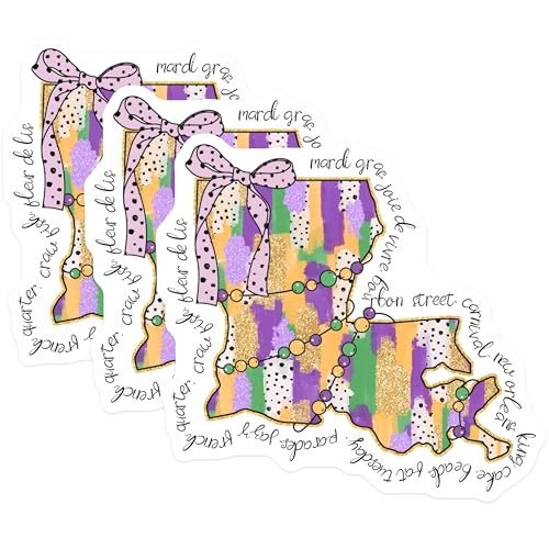 (3 Pack) Mardi Gras Louisiana Decals - New Orleans - Purple Gold Green Decor- 3 Inches On Longest Side - Easy Peel & Apply - Made in USA - 3MCS5143