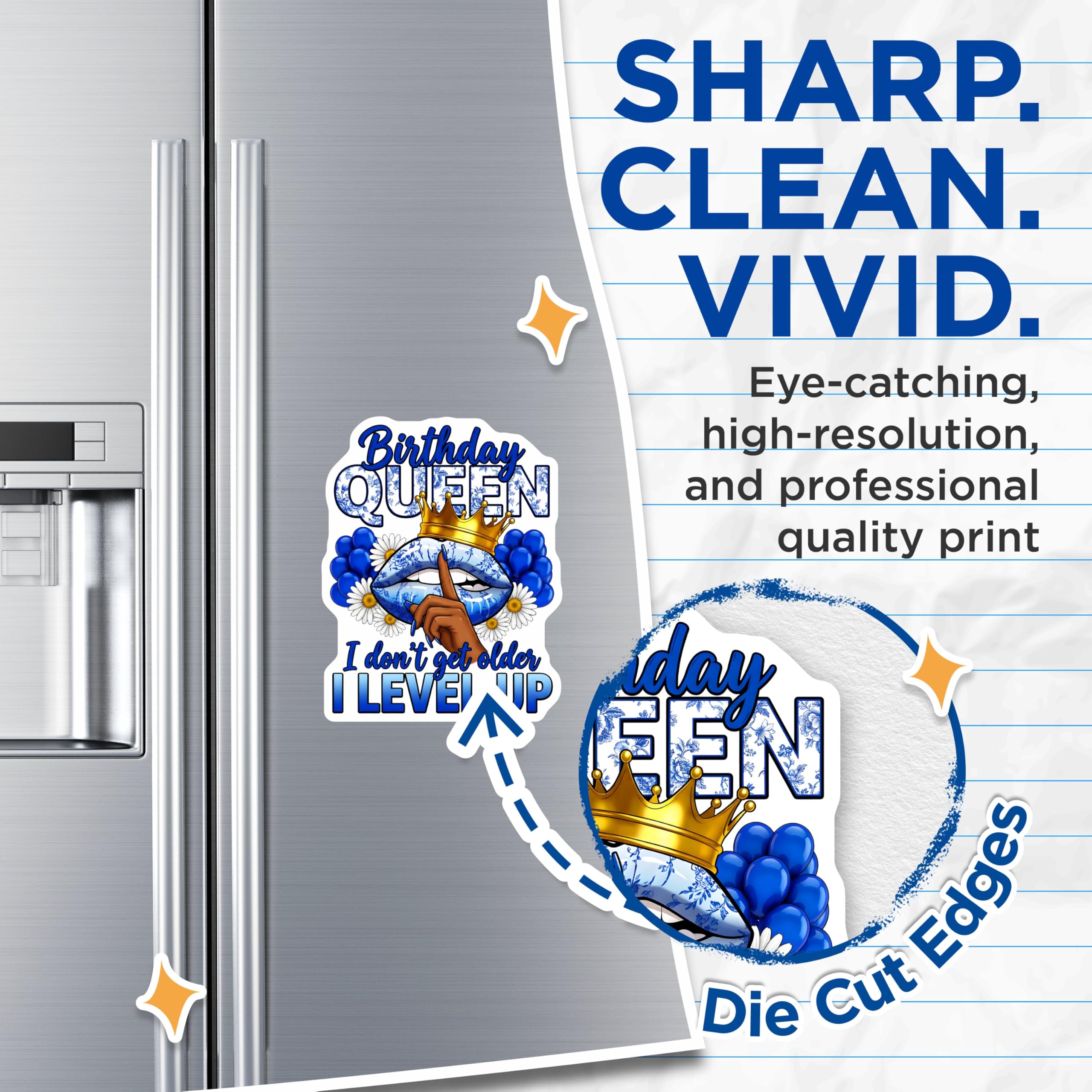 (2 Pack) Birthday Queen Level Up Magnets - Royal Celebration Decor - Fun Fridge Accessory - Sassy Blue White Design - 5 Inches On Longest Side - Thick Durable Magnet - Made in USA - MAG29730