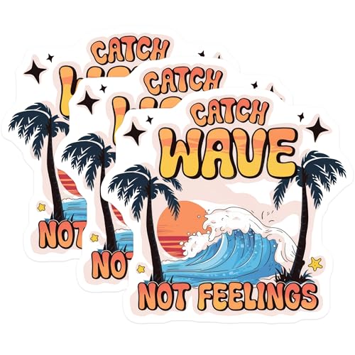 (3 Pack) Catch Wave Not Feelings Decals - Surfing - Beach Vibes Laptop Decal - 3 Inches On Longest Side - Easy Peel & Apply - Made in USA - 3MCS7396