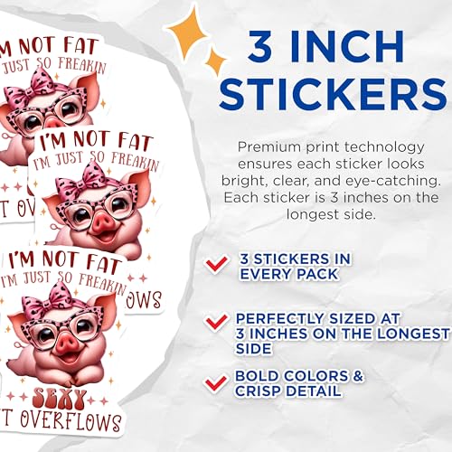(3 Pack) Funny Pig Decals - Sassy Saying Laptop Decals - Sexy Overflows Decal - 3 Inches On Longest Side - Easy Peel & Apply - Made in USA - 3MCS6706