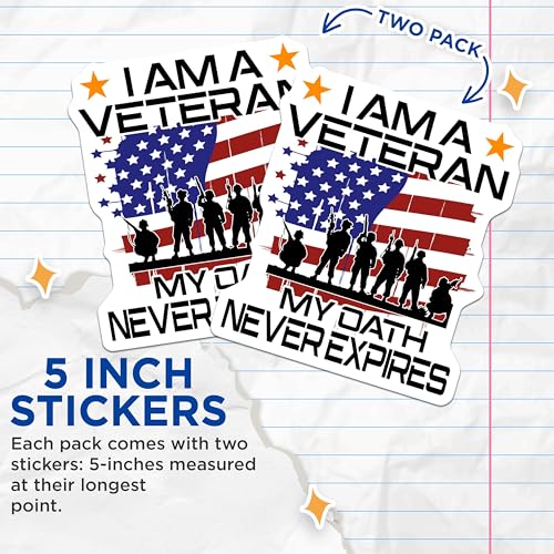 (2 Pack) I Am a Veteran Stickers - Military Pride - My Oath Never Expires - 5" On Longest Side - Sticks to Smooth Flat Surfaces - Made in USA - BMCS5715