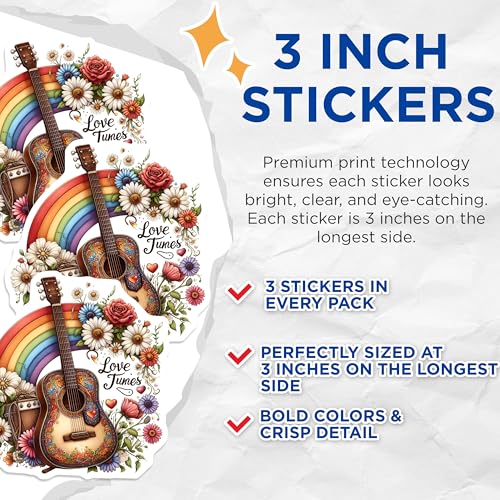 (3 Pack) Guitar Decals - Rainbow Sticker - Love Tunes Decals - 3 Inches On Longest Side - Easy Peel & Apply - Made in USA - 3MCS7608
