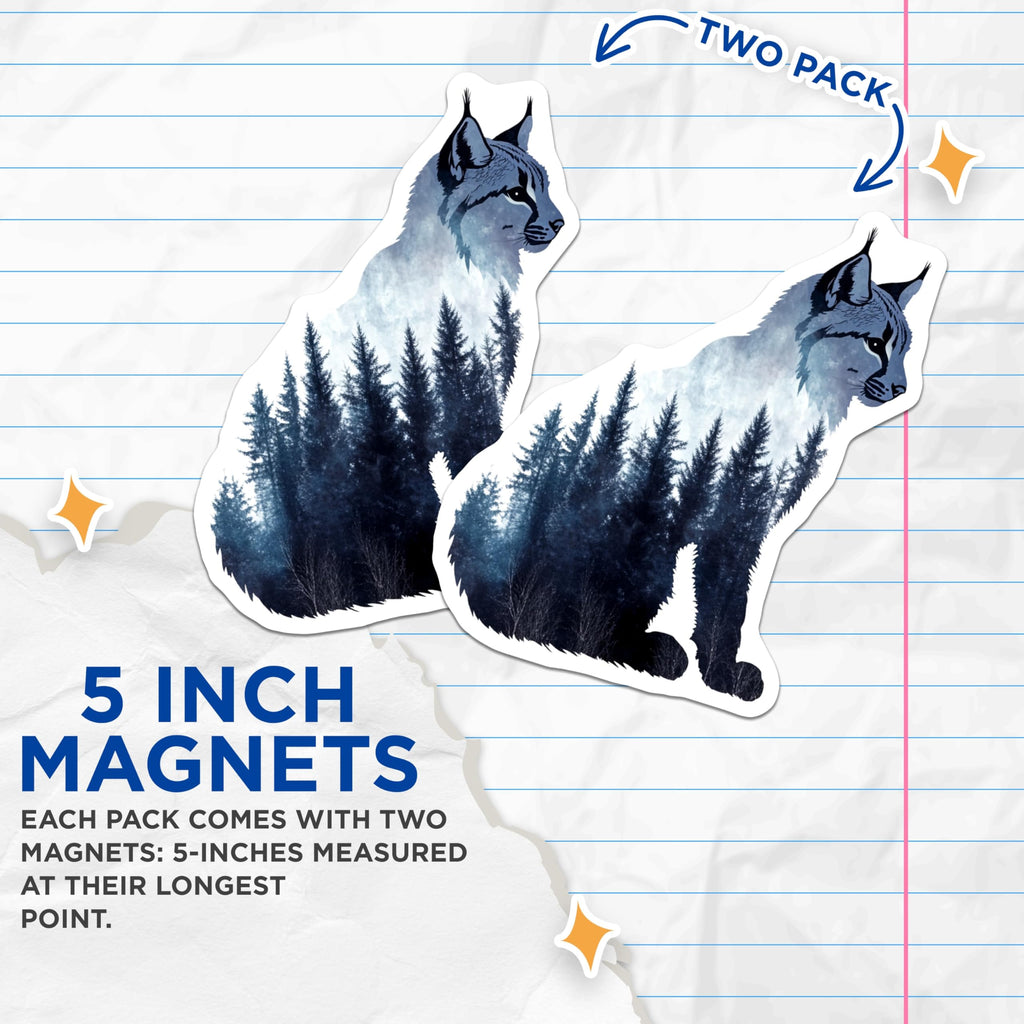 (2 Pack) Lynx Forest Magnets - Nature Lover Decor - Wildlife Art Refrigerator Magnets - 5" On Longest Side - Premium Magnet - for Cars, Refrigerators, Toolboxes, Lockers - Made in USA - MAG15524