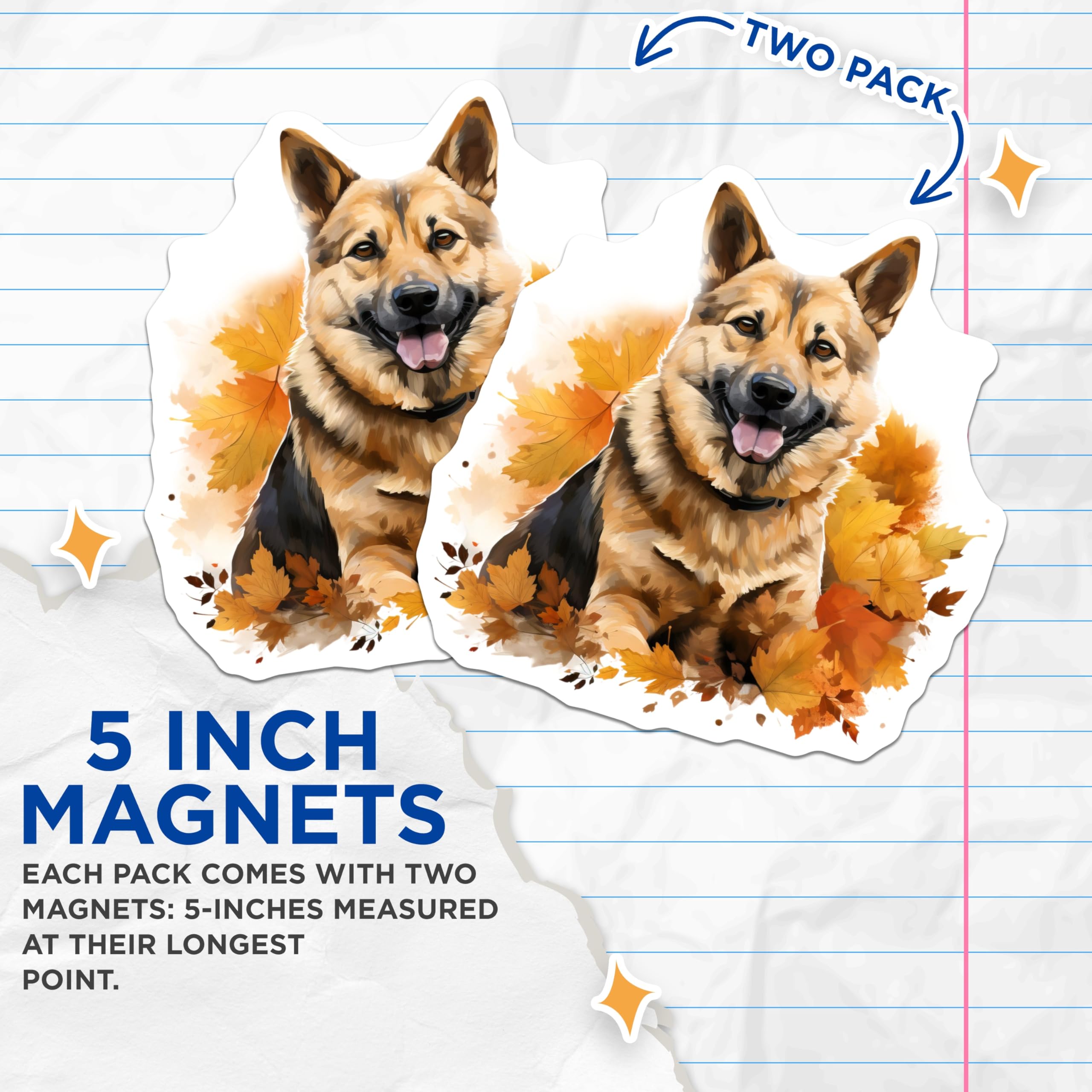 (2 Pack) German Shepherd Magnets - Autumn Dog Art - Happy Dog Lover Decor - 5 Inches On Longest Side - Thick Durable Magnet - Made in USA - MAG24292