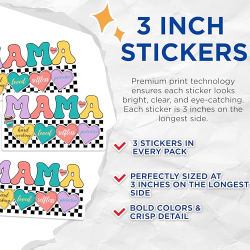 (3 Pack) Mama Decals - Mom Heart Decals - Laptop Decal - Selfless Protective Loved Hardworking - 3 Inches On Longest Side - Easy Peel & Apply - Made in USA - 3MCS7937