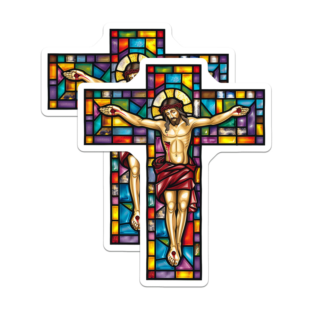 (2 Pack) Stained Glass Crucifix Magnets - Jesus Christ Religious Decor - Christian Faith Art - Devotional Home Accent - 5 Inches On Longest Side - Thick Durable Magnet - Made in USA - MAG39326