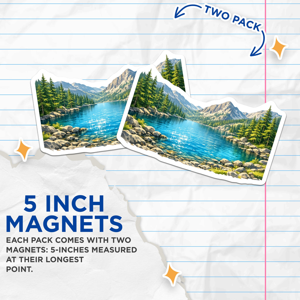 (2 Pack) Mountain Lake Magnets - Serene Landscape Art - Nature Inspired Decor - 5 Inches On Longest Side - Thick Durable Magnet - Made in USA - MAG36129
