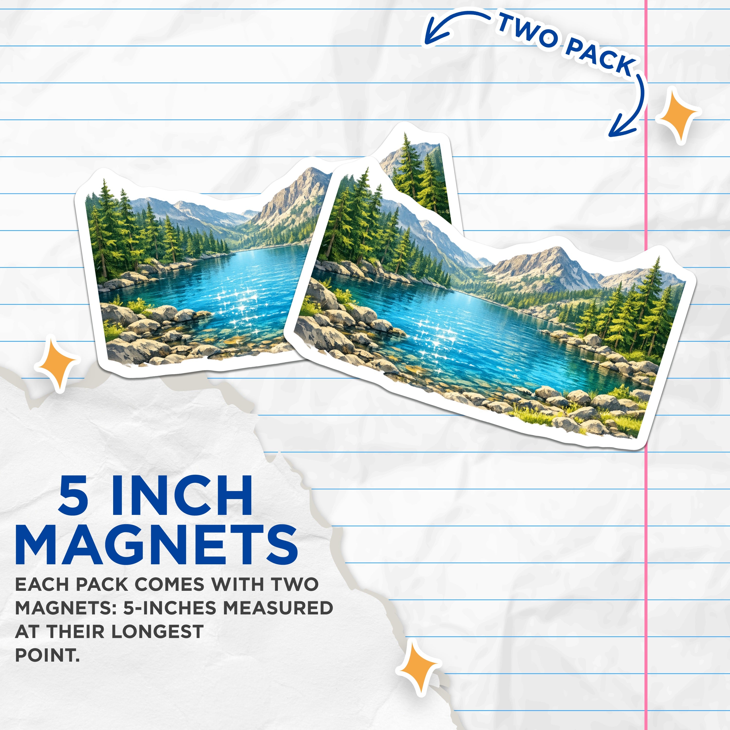 (2 Pack) Mountain Lake Magnets - Serene Landscape Art - Nature Inspired Decor - 5 Inches On Longest Side - Thick Durable Magnet - Made in USA - MAG36129