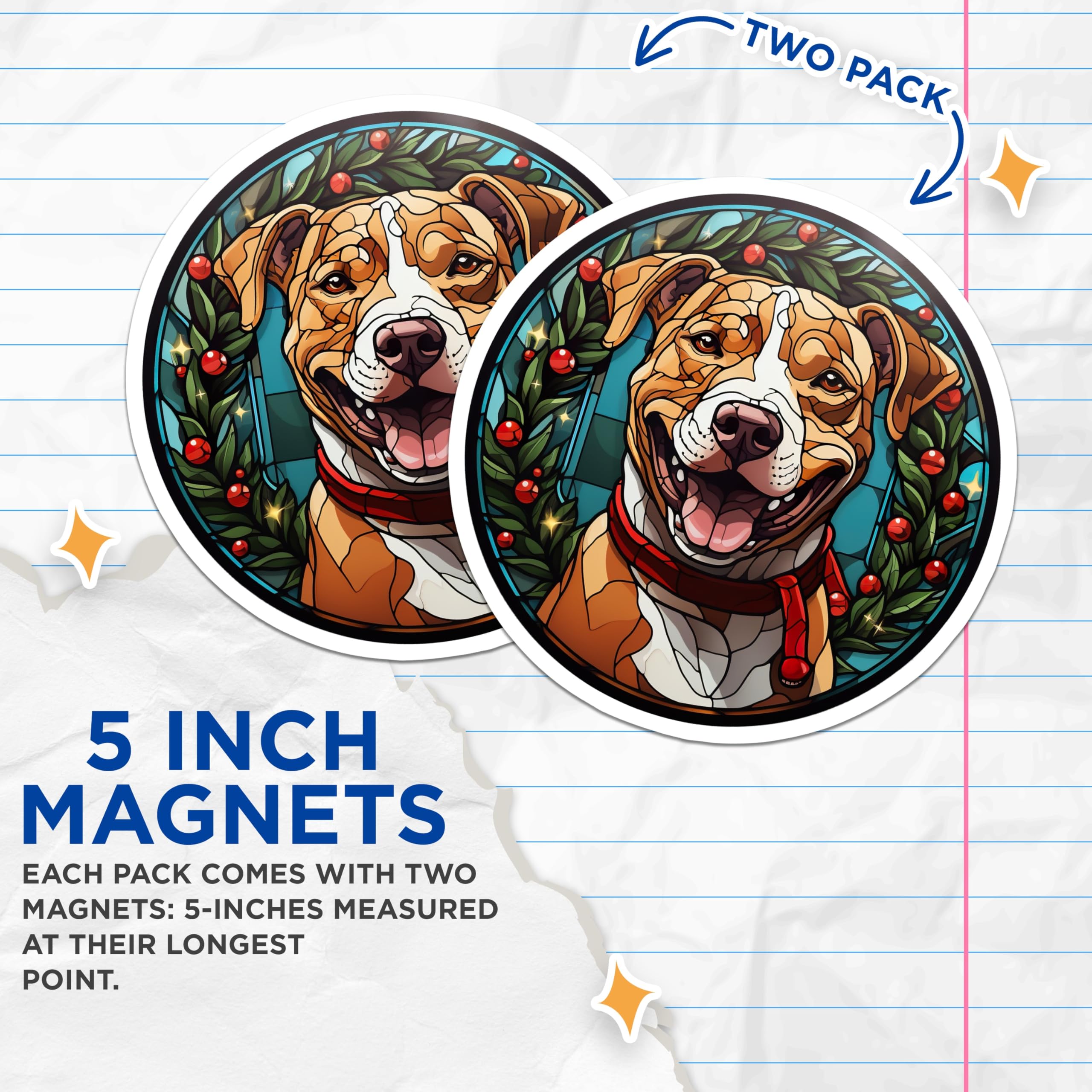 (2 Pack) Christmas Dog Magnets - Stained Glass Pet Decor - Happy Pitbull Fridge Magnets - Holiday Dog Lover Item - 5 Inches On Longest Side - Thick Durable Magnet - Made in USA - MAG25193