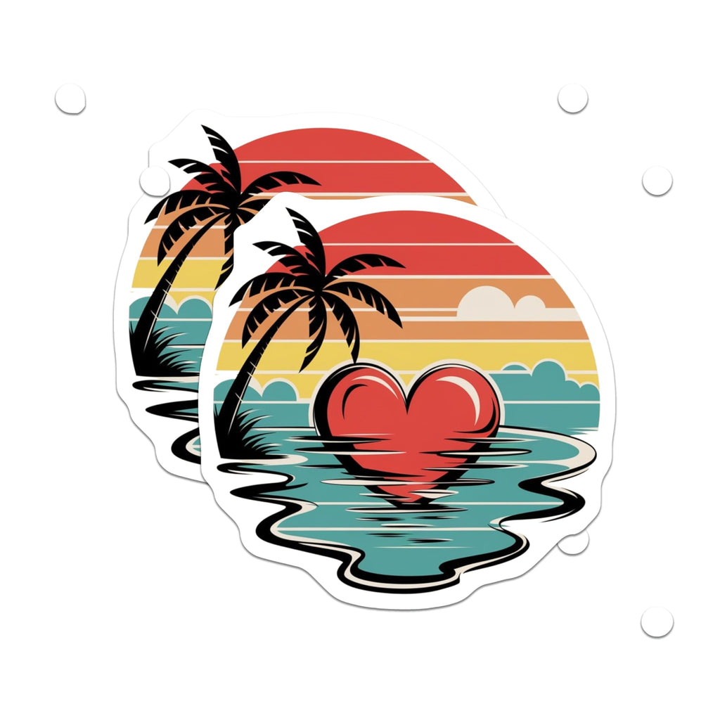 (2 Pack) Retro Sunset Beach Magnets - Tropical Palm Tree Heart - Summer Vacation Vibe Fridge Decor - 5 Inches On Longest Side - Thick Durable Magnet - Made in USA - MAG29457