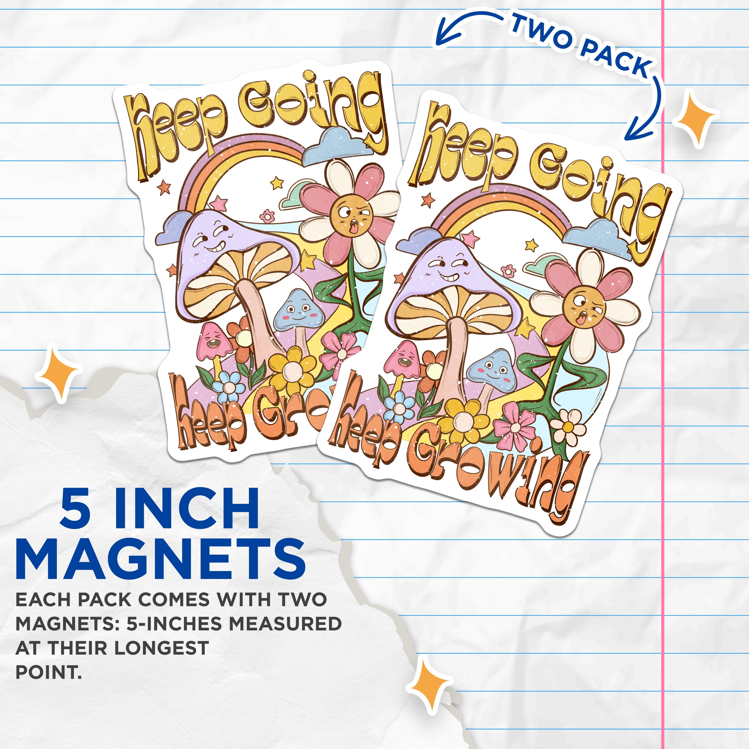 (2 Pack) Keep Going Keep Growing Magnets - Retro Mushroom Decor - Positive Affirmation Art - 5 Inches On Longest Side - Thick Durable Magnet - Made in USA - MAG38161