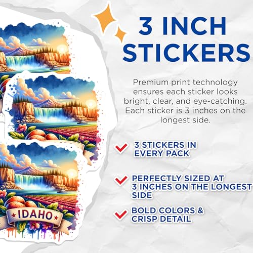 (3 Pack) Idaho Decals - Waterfall Art - Potato State Sticker- 3 Inches On Longest Side - Easy Peel & Apply - Made in USA - 3MCS5682