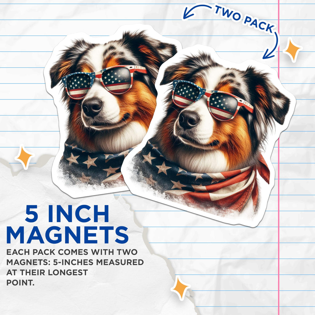 (2 Pack) Australian Shepherd Magnets - Patriotic Dog Decor - USA Flag Glasses - 5" On Longest Side - Premium Magnet - for Cars, Refrigerators, Toolboxes, Lockers - Made in USA - MAG15782