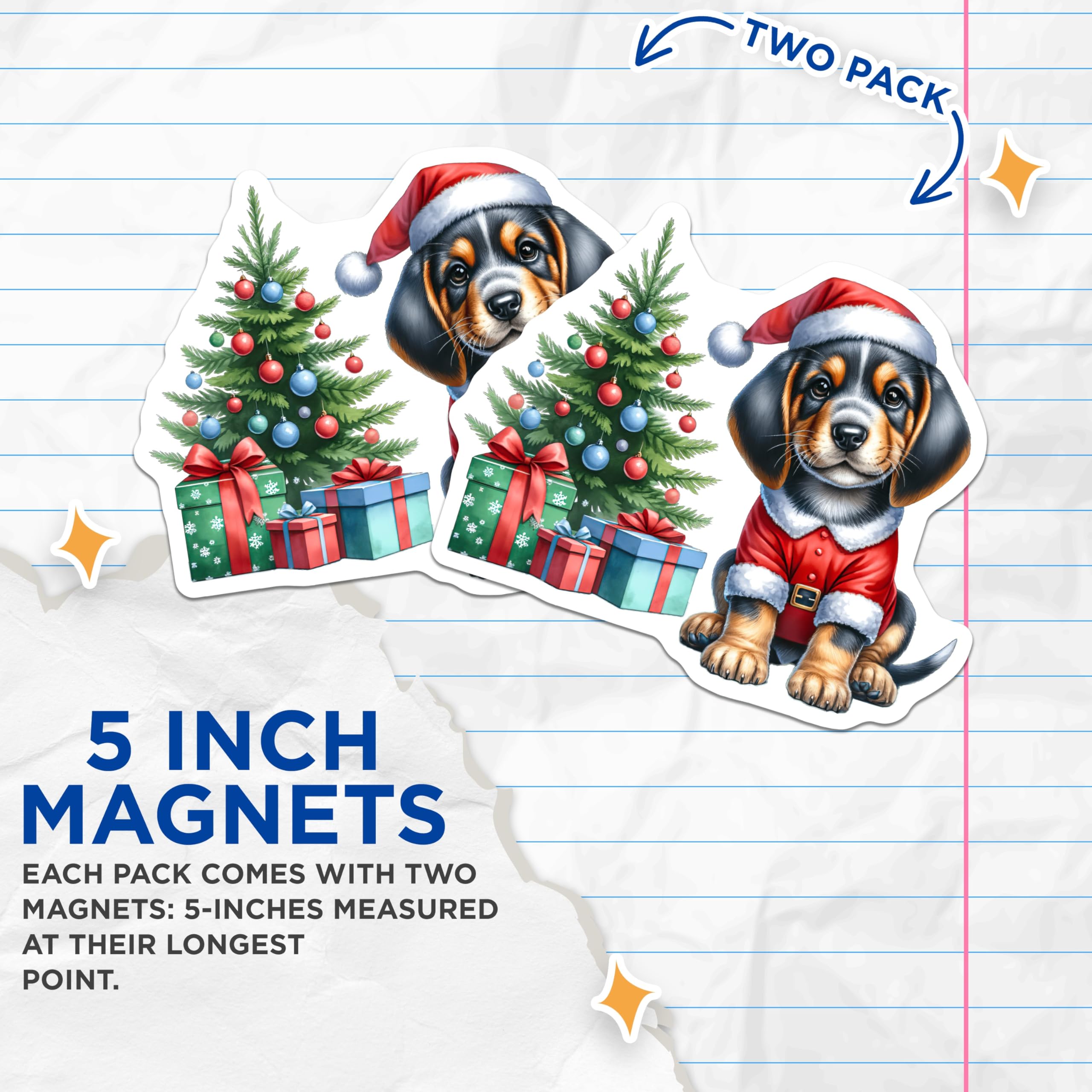 (2 Pack) Christmas Puppy Magnets - Santa Dog Holiday Refrigerator Decor - Cute Pet Lover Kitchen Accessory - 5 Inches On Longest Side - Thick Durable Magnet - Made in USA - MAG28720