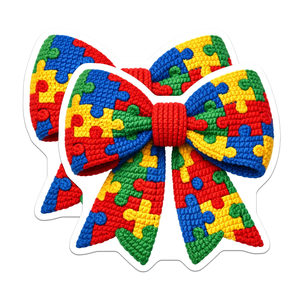 (2 Pack) Autism Puzzle Bow Stickers - Neurodiversity Support - Awareness Ribbon Design - 5" On Longest Side - Sticks to Smooth Flat Surfaces - Made in USA - BMCS20684