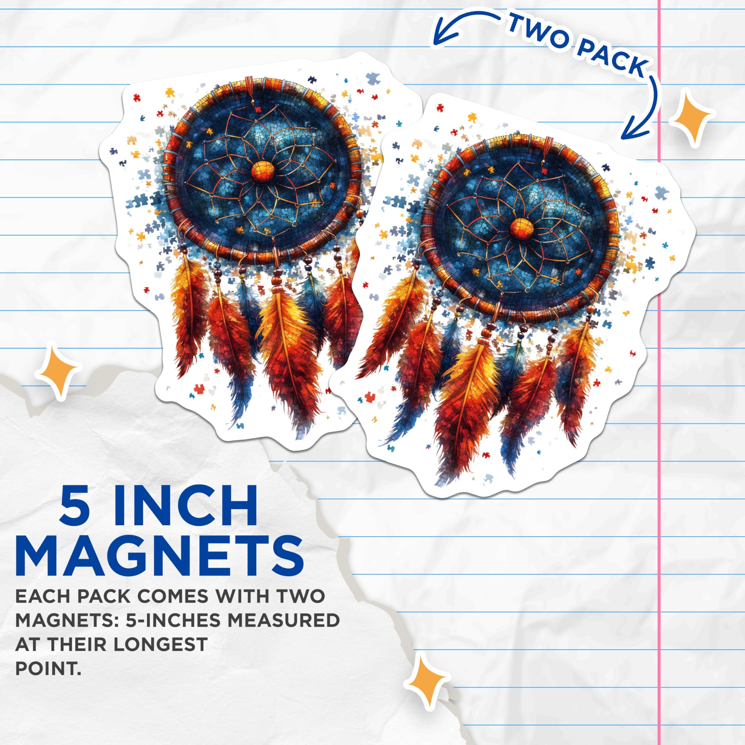 (2 Pack) Bohemian Dreamcatcher Magnets - Puzzle Mosaic Home Decor - Spiritual Energy Symbol - Vibrant Feather Art - 5 Inches On Longest Side - Thick Durable Magnet - Made in USA - MAG27846