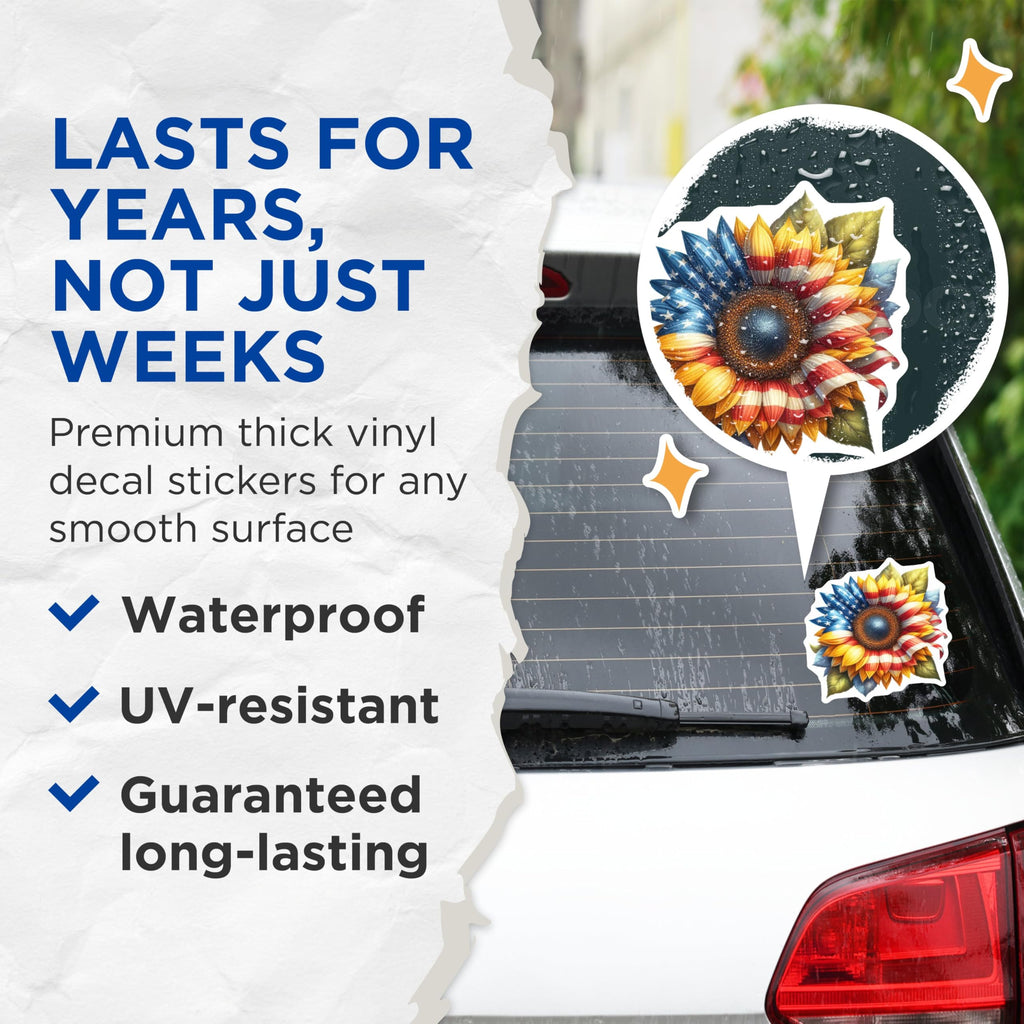 (2 Pack) American Flag Sunflower Stickers - Patriotic Flower Stickers - USA Themed Stickers - 5" On Longest Side - Sticks to Smooth Flat Surfaces - Made in USA - BMCS5334