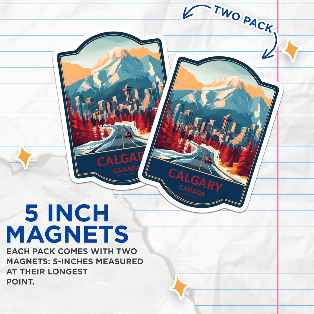 (2 Pack) Calgary Canada Magnets - Iconic Rocky Mountains Travel Art - City Skyline Souvenir - Alberta Winter Scene Decor - 5 Inches On Longest Side - Thick Durable Magnet - Made in USA - MAG22730