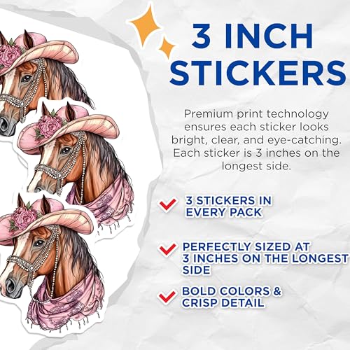 (3 Pack) Horse with Hat Decals - Pink Floral Fashion - Laptop Decal - 3 Inches On Longest Side - Easy Peel & Apply - Made in USA - 3MCS8255