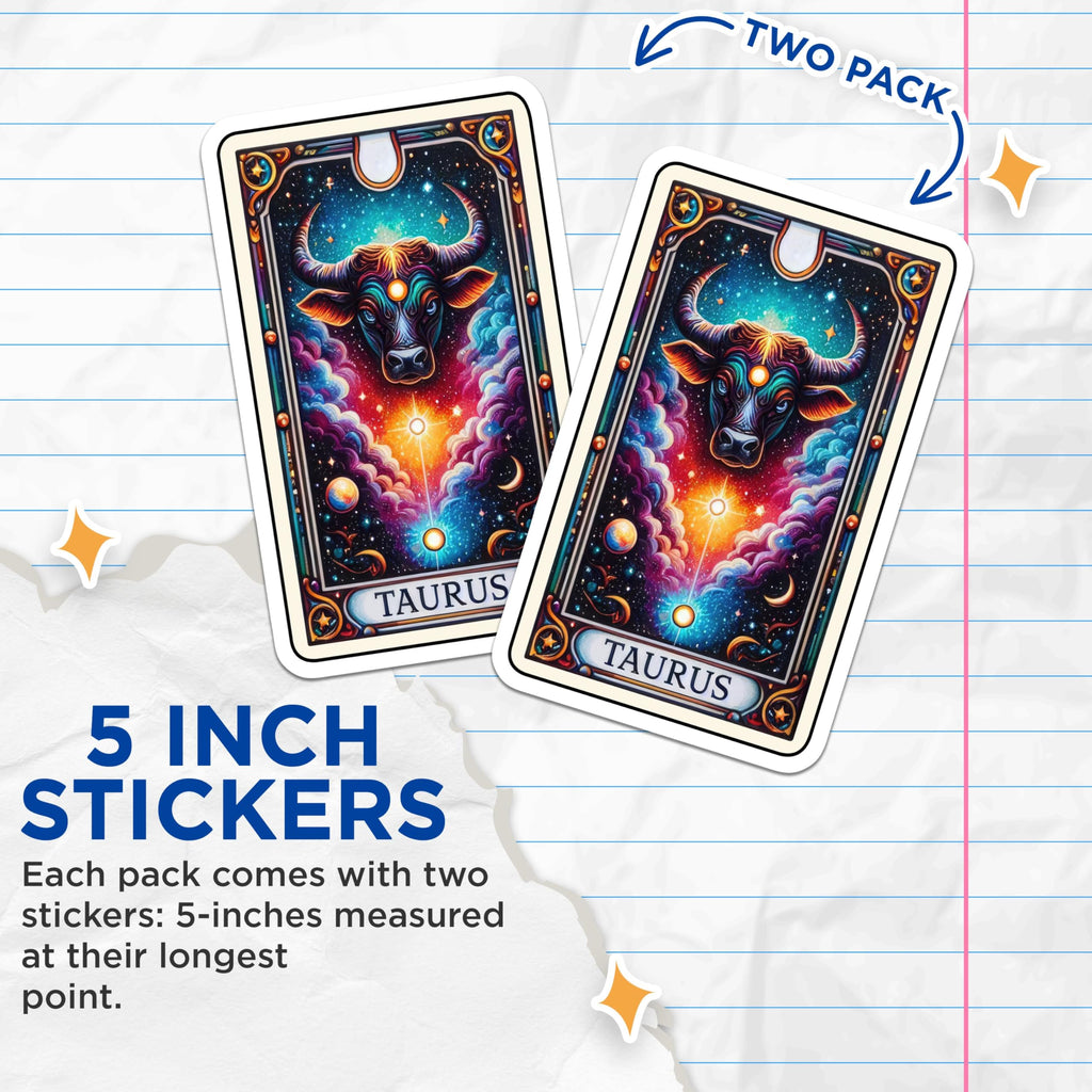 (2 Pack) Taurus Zodiac Sign Stickers - Cosmic Bull Art Stickers - Astrological Star Sign Stickers - 5" On Longest Side - Sticks to Smooth Flat Surfaces - Made in USA - BMCS5337