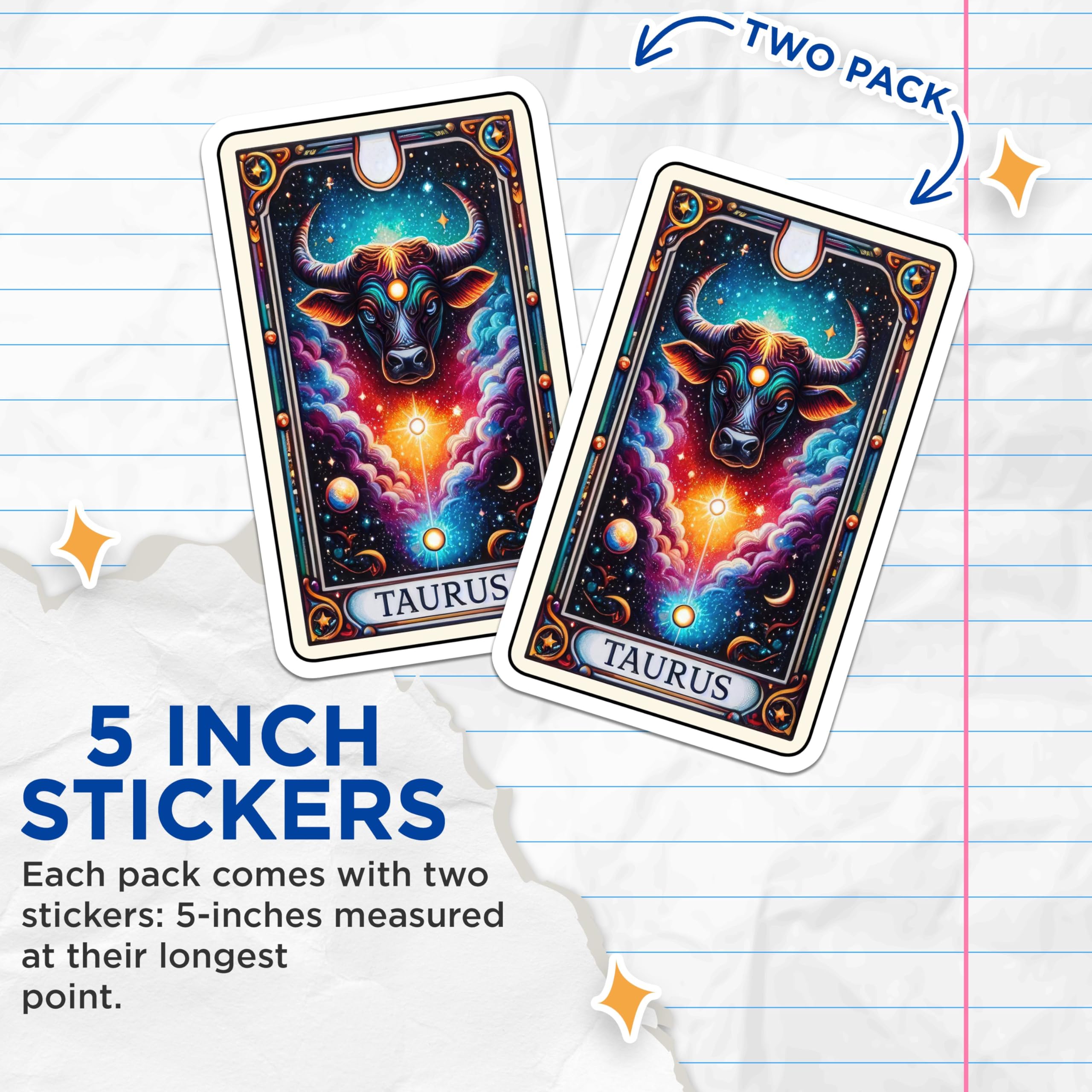 (2 Pack) Taurus Zodiac Sign Stickers - Cosmic Bull Art Stickers - Astrological Star Sign Stickers - 5" On Longest Side - Sticks to Smooth Flat Surfaces - Made in USA - BMCS5337