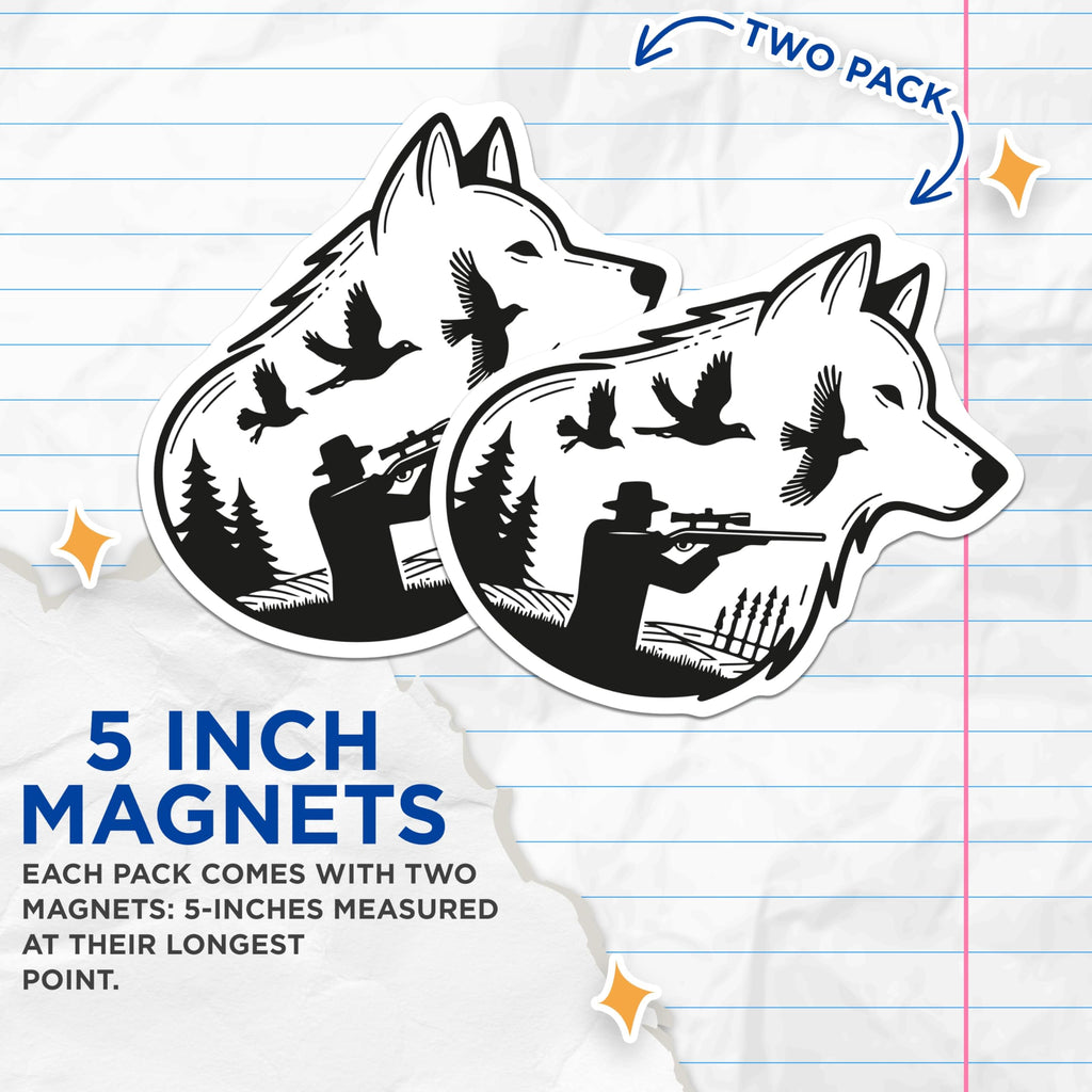 (2 Pack) Wolf Hunting Magnets - Hunter Outdoors Wildlife Decor - Forest Nature Animal Refrigerator - 5 Inches On Longest Side - Thick Durable Magnet - Made in USA - MAG22235