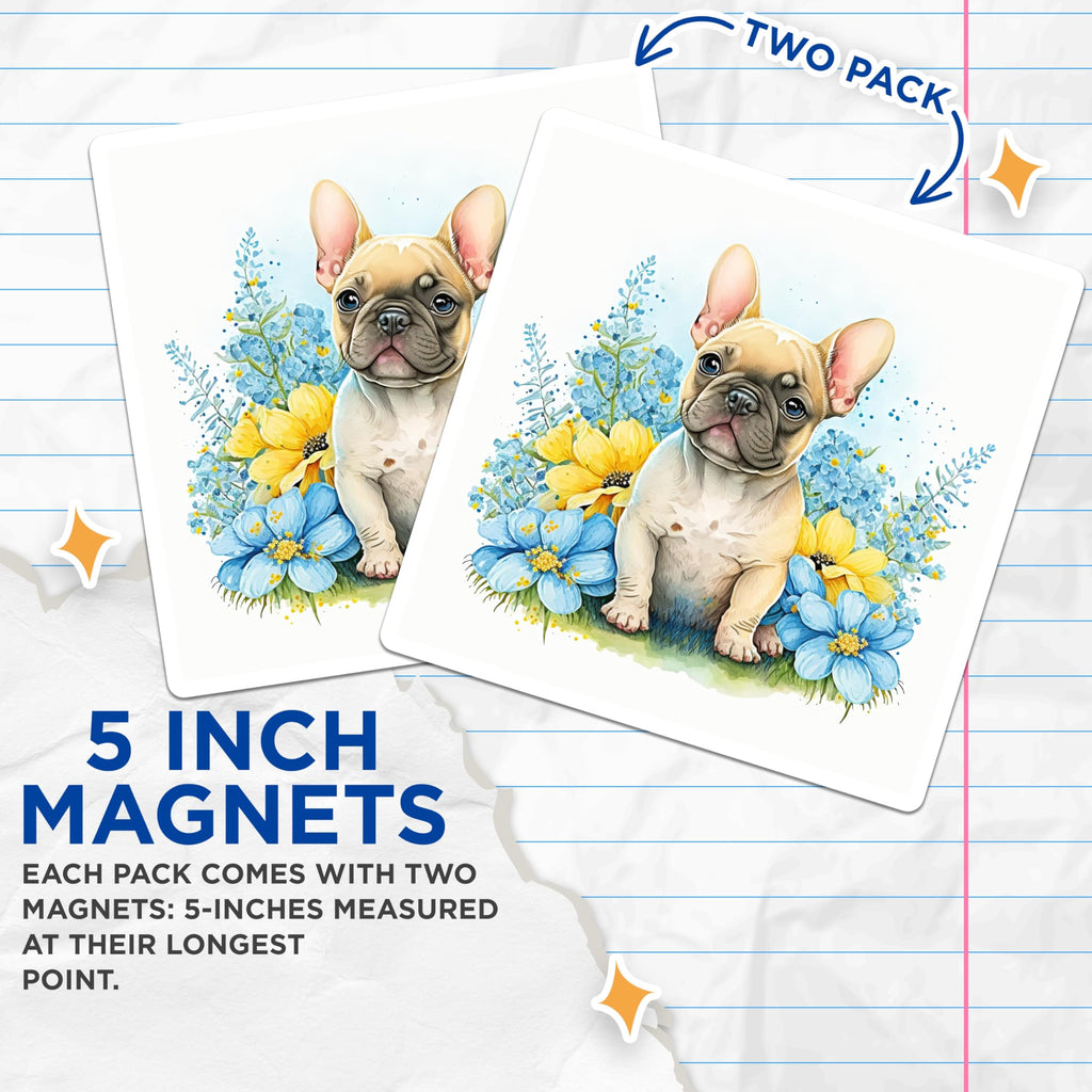 (2 Pack) French Bulldog Magnets - Cute Dog - Floral Home Decor - 5" On Longest Side - Premium Magnet - for Cars, Refrigerators, Toolboxes, Lockers - Made in USA - MAG14971