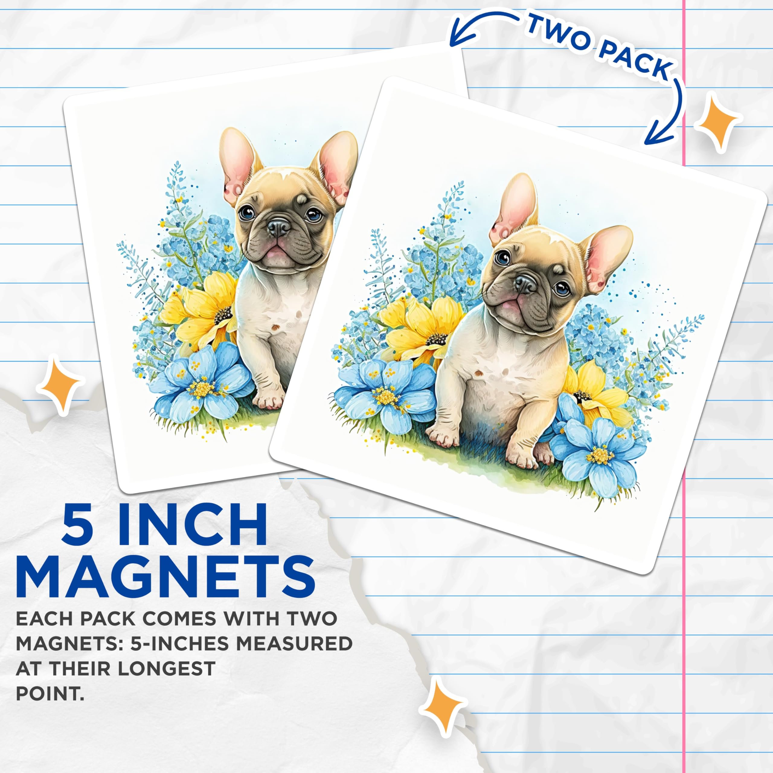 (2 Pack) French Bulldog Magnets - Cute Dog - Floral Home Decor - 5" On Longest Side - Premium Magnet - for Cars, Refrigerators, Toolboxes, Lockers - Made in USA - MAG14971