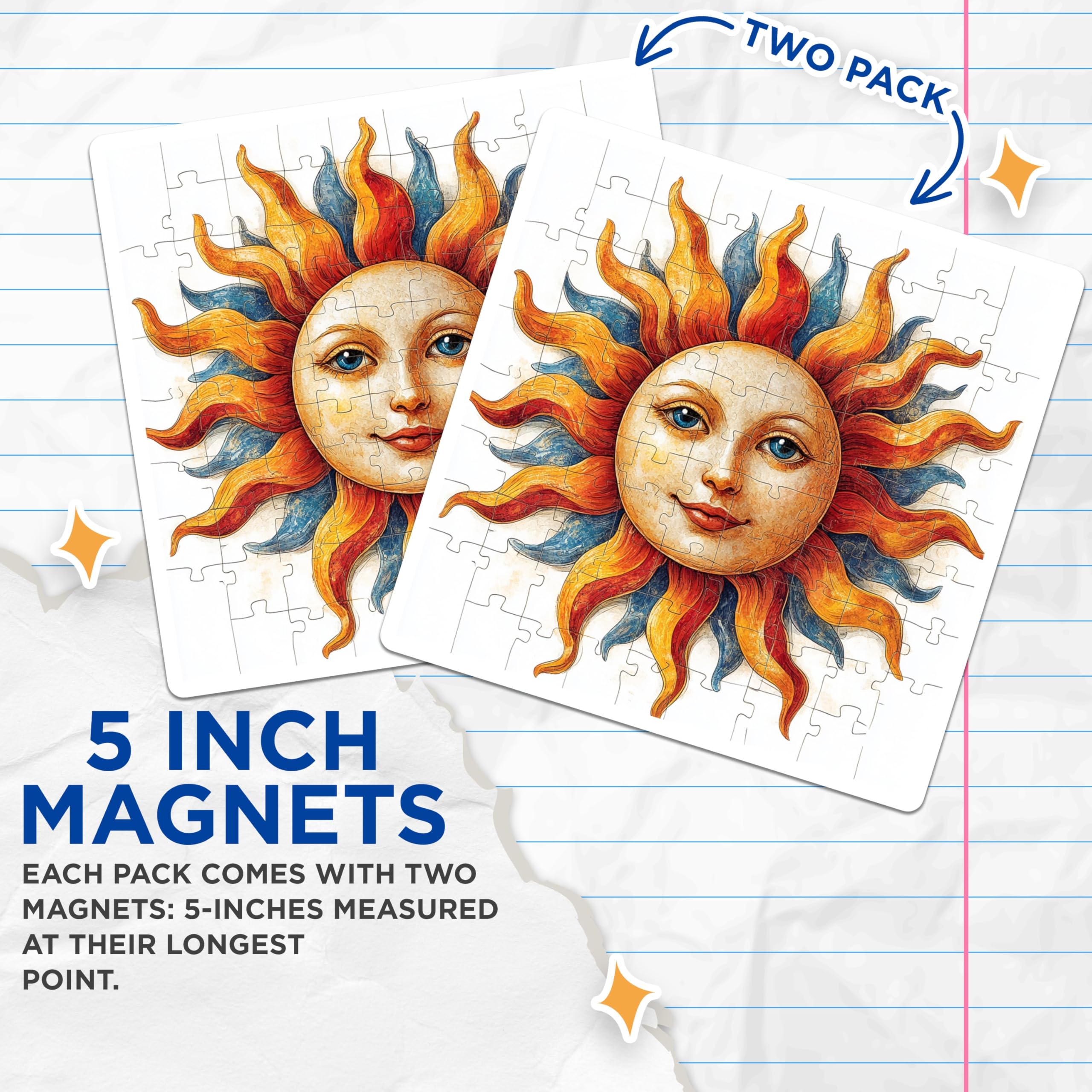 (2 Pack) Whimsical Sun Face Magnets - Celestial Puzzle Art - Bohemian Refrigerator Decor - 5 Inches On Longest Side - Thick Durable Magnet - Made in USA - MAG24995