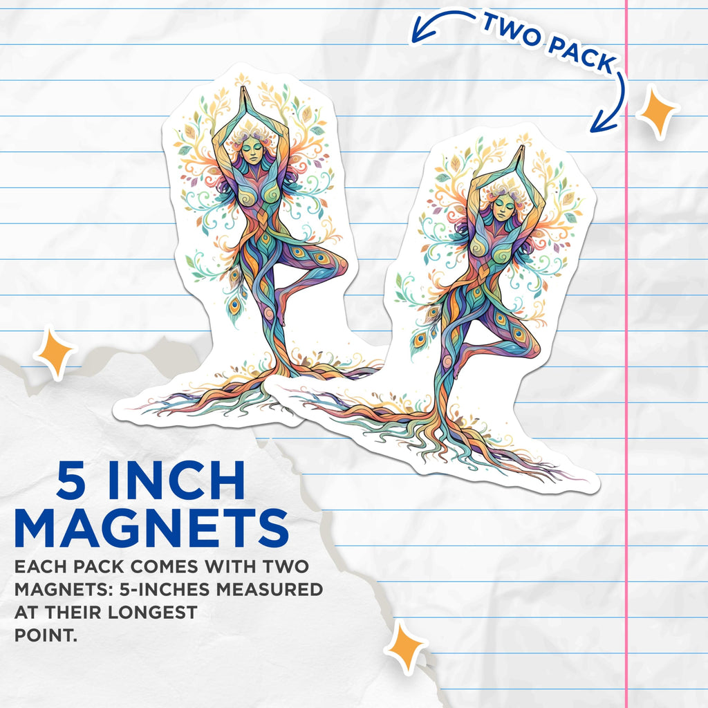 (2 Pack) Mother Earth Yoga Goddess Magnets - Vibrant Chakra Tree Pose Spiritual Art - Zen Meditation Boho Refrigerator Decor - 5 Inches On Longest Side - Thick Durable Magnet - Made in USA - MAG21198