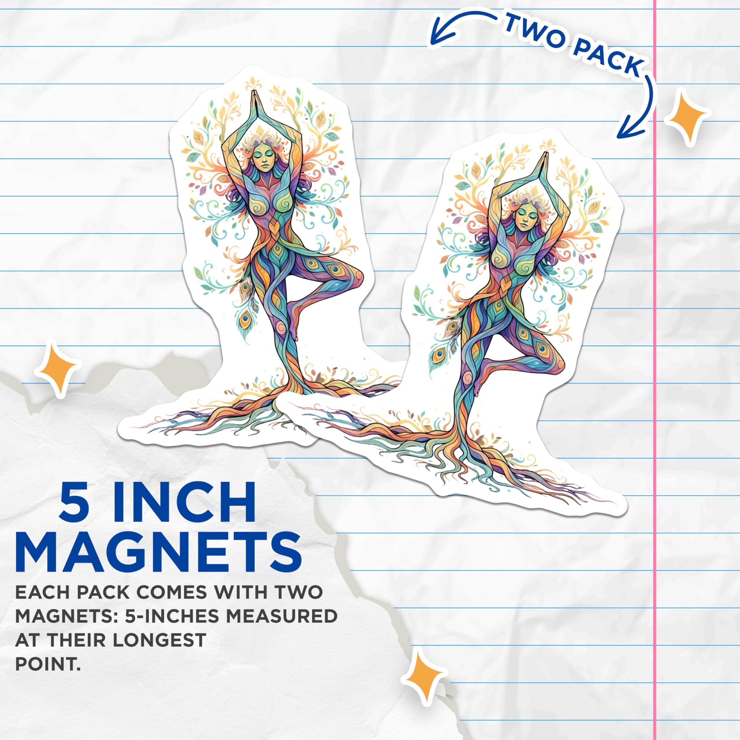 (2 Pack) Mother Earth Yoga Goddess Magnets - Vibrant Chakra Tree Pose Spiritual Art - Zen Meditation Boho Refrigerator Decor - 5 Inches On Longest Side - Thick Durable Magnet - Made in USA - MAG21198