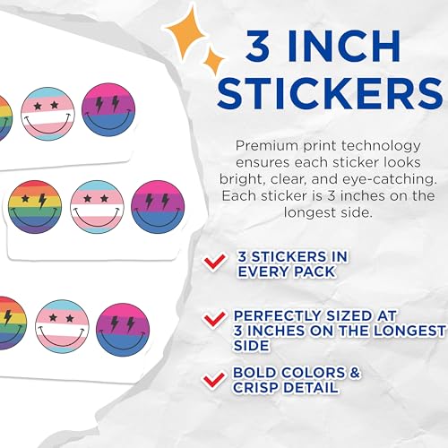 (3 Pack) LGBTQ Smiley Face Decals - Pride Rainbow - Trans Bi - Laptop Decals- 3 Inches On Longest Side - Easy Peel & Apply - Made in USA - 3MCS5327
