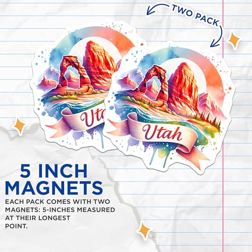 (2 Pack) Utah State Magnets - Utah Landscape Art - Utah Travel Mem - 5" On Longest Side - for Cars, Fridges, Toolboxes - Made in USA - MAG6937